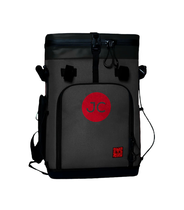 Black JustinCASE backpack with red JC logo