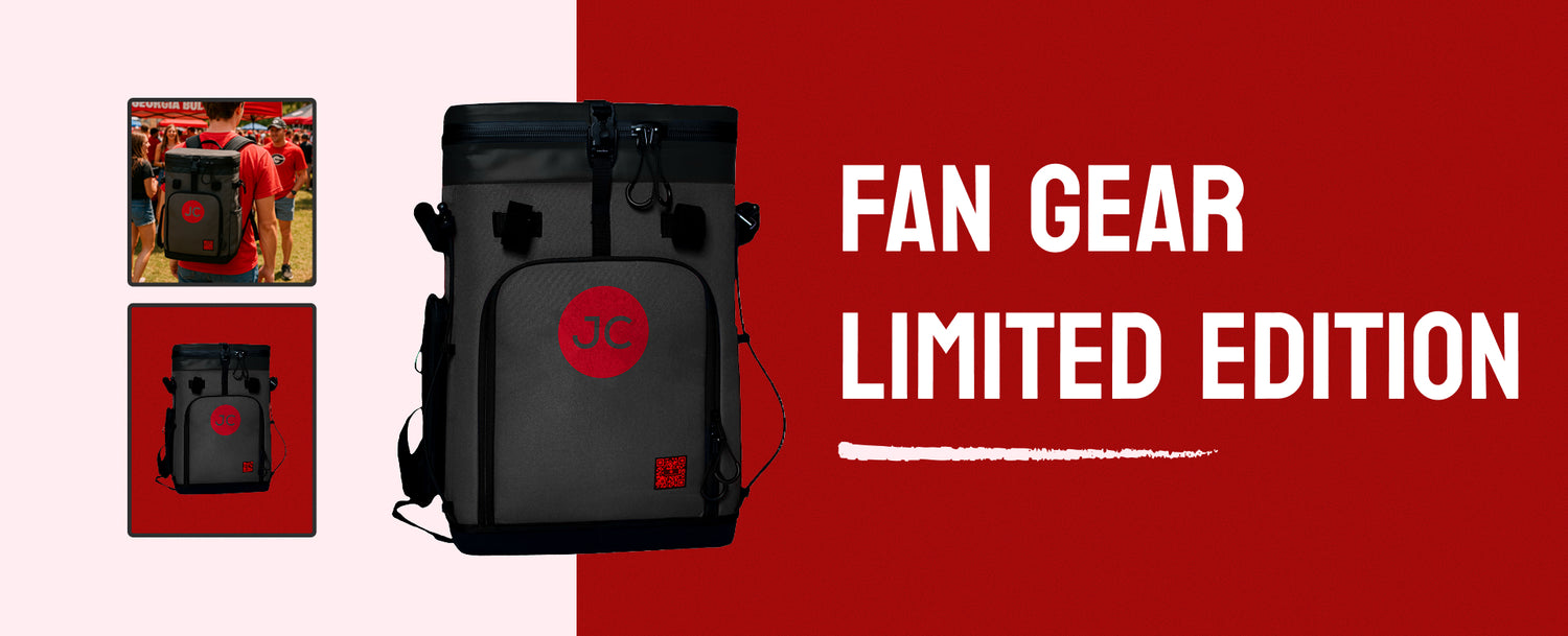 JustinCASE Convertible backpack with red logo featuring 'Fan Gear Limited Edition' text