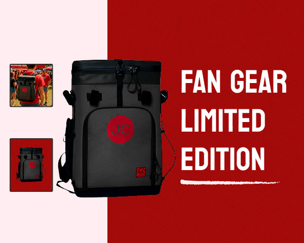 JustinCASE Convertible backpack with red logo featuring Fan Gear Limited Edition text