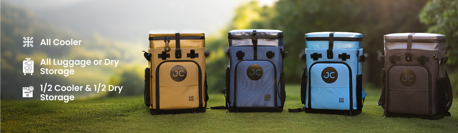 Four JustinCASE Backpack coolers in different colors on grass