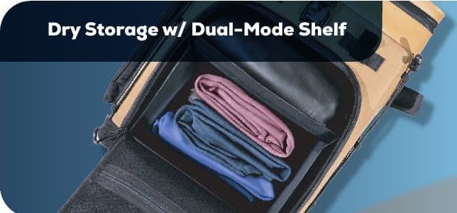 Catalog picture labeled Dry Storage w/ Dual-Mode Shelf: folded clothes in the dry compartment below the installed shelf