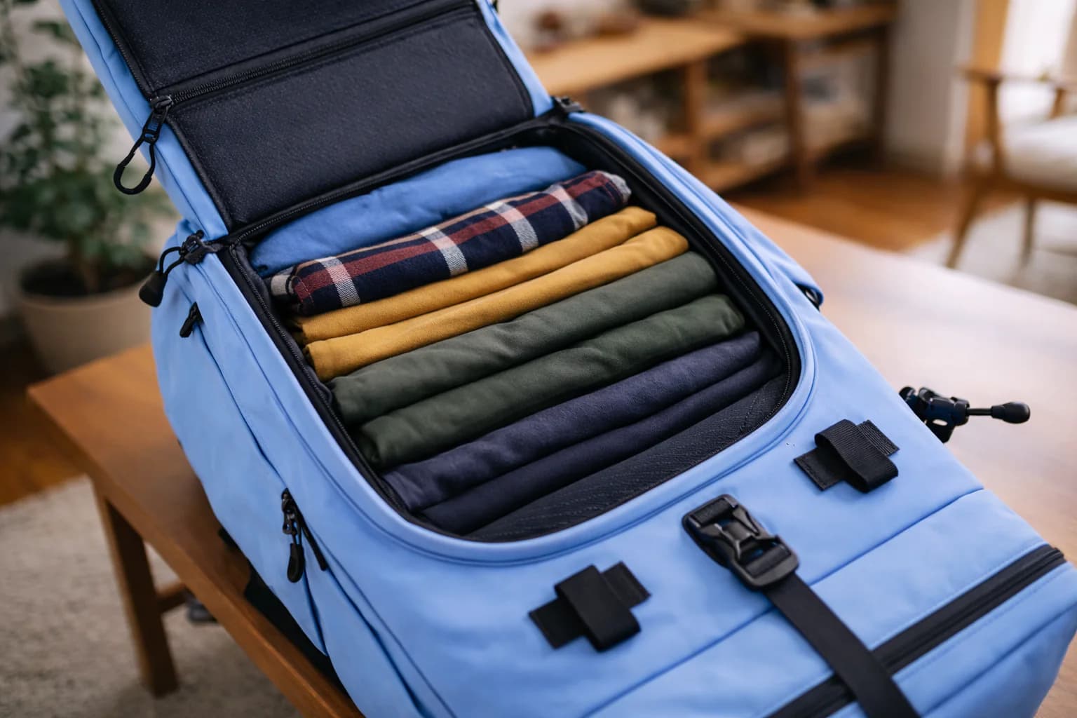 Dry storage packed with folded clothes