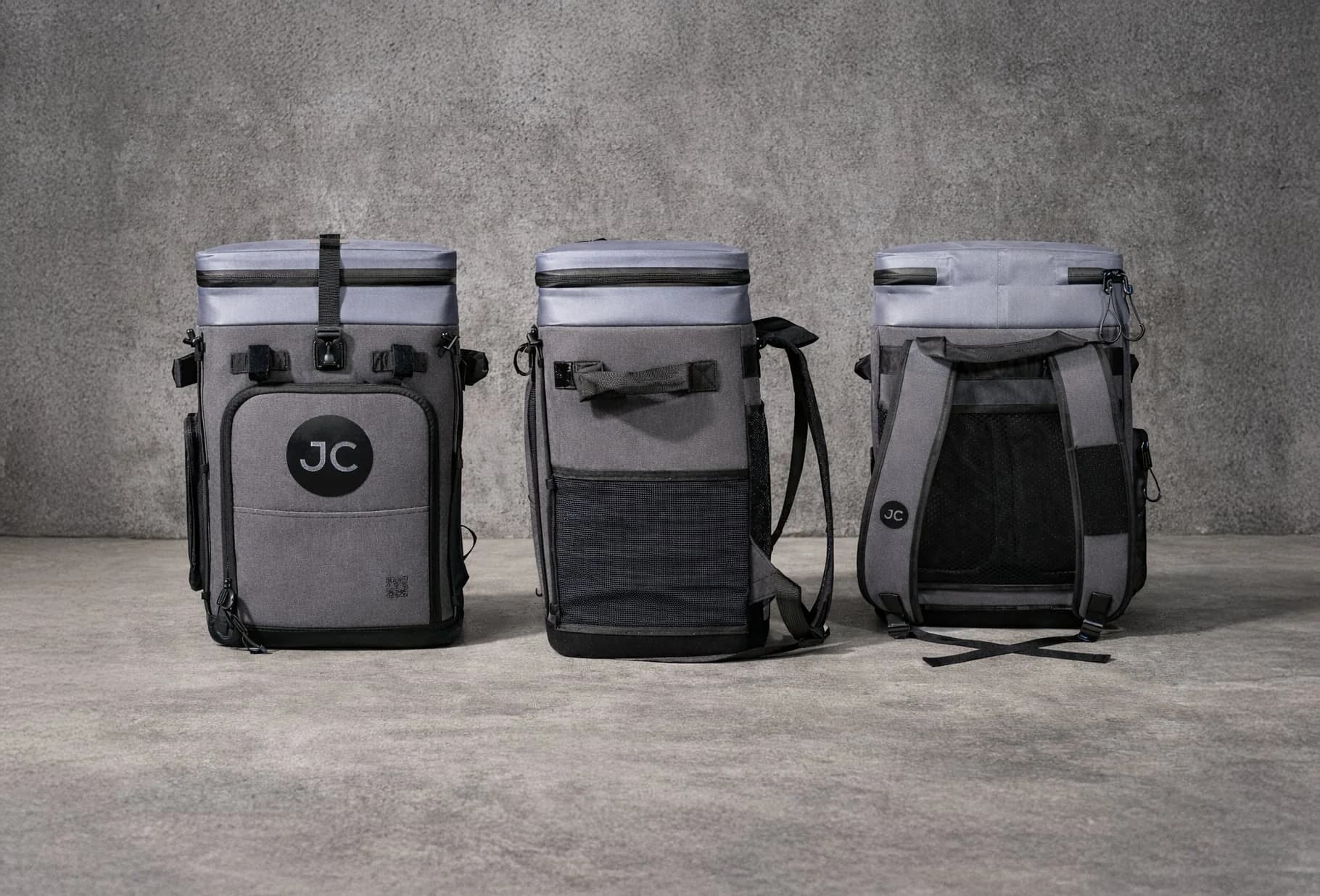 JustinCASE convertible backpack cooler shown from the front, side, and back