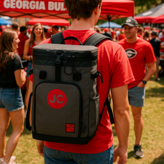 Person wearing a red shirt with JustinCASE backpack with a logo