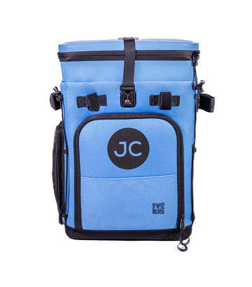 Blue JustinCASE Convertible Backpack cooler with black straps and JC logo