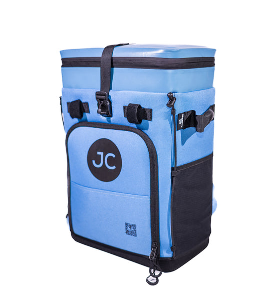 Blue and black cooler bag with JC logo on a white background