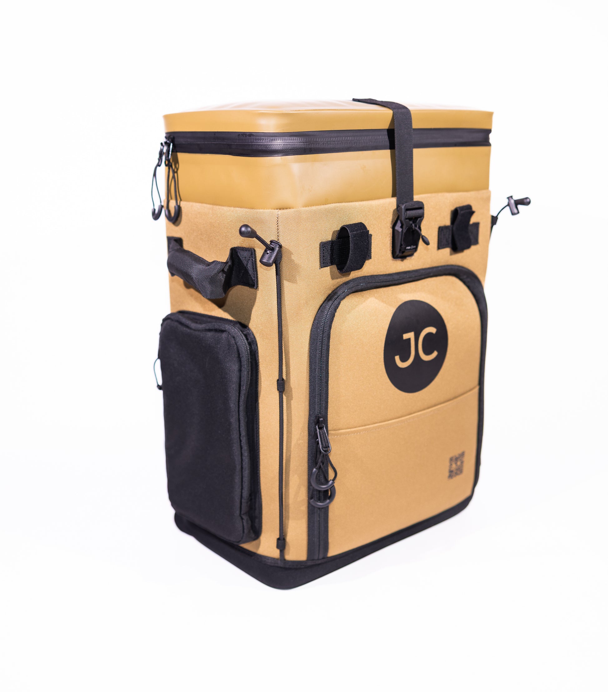 Tan and black cooler bag with JC logo side view