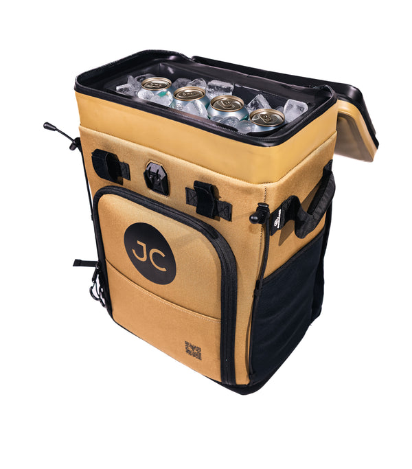 Tan and black JustinCASE cooler bag with ice and bottles