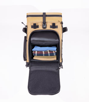 Open backpack with clothes inside front view